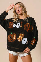 Halloween Sequin Pumpkin & Ghost Sweatshirt – Oversized Black Pullover