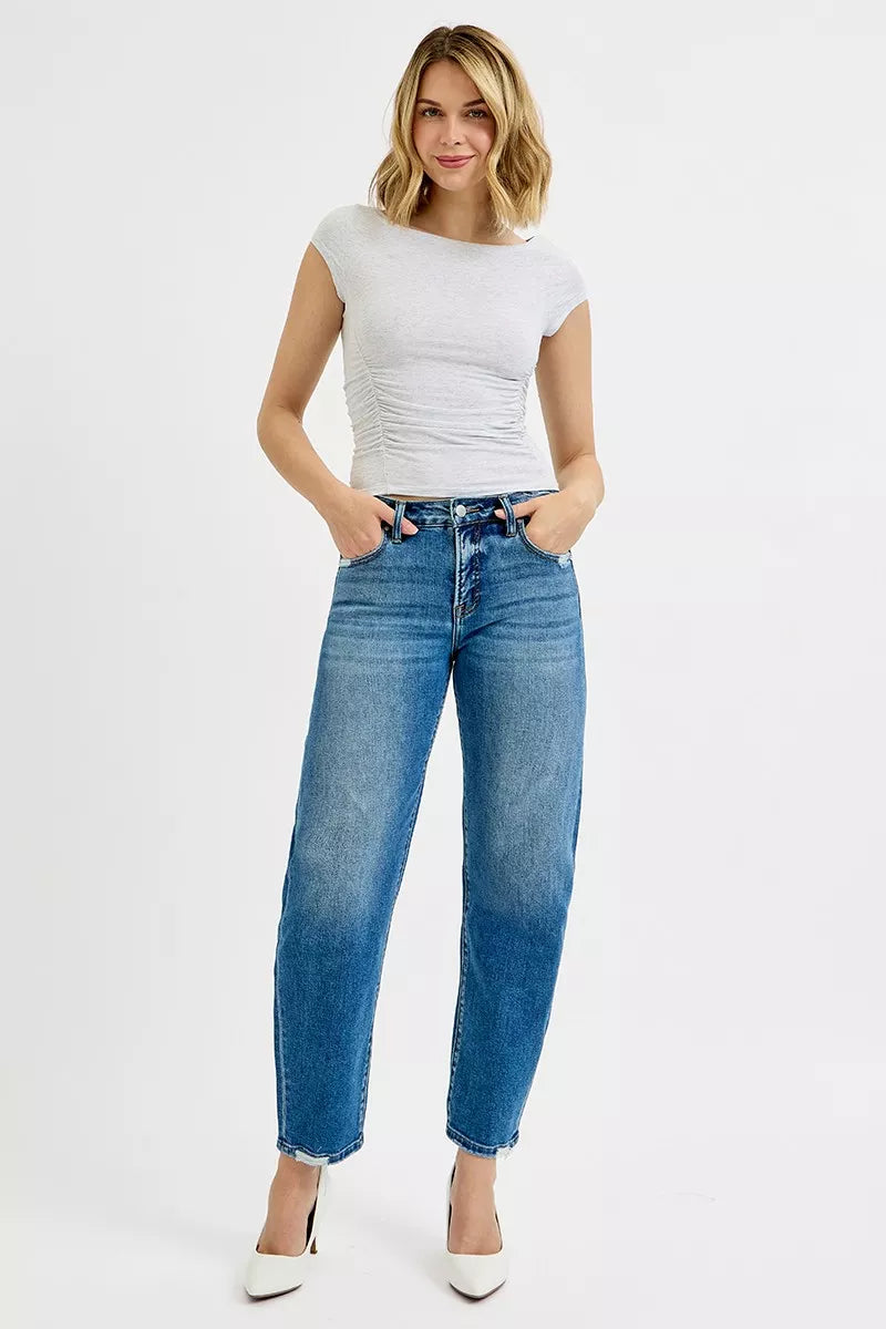 Risen High Rise Tummy Control Slim Barrel Ankle Jeans