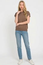 Brown ribbed crew neck sleeveless knit top with straight hem and clean neckline