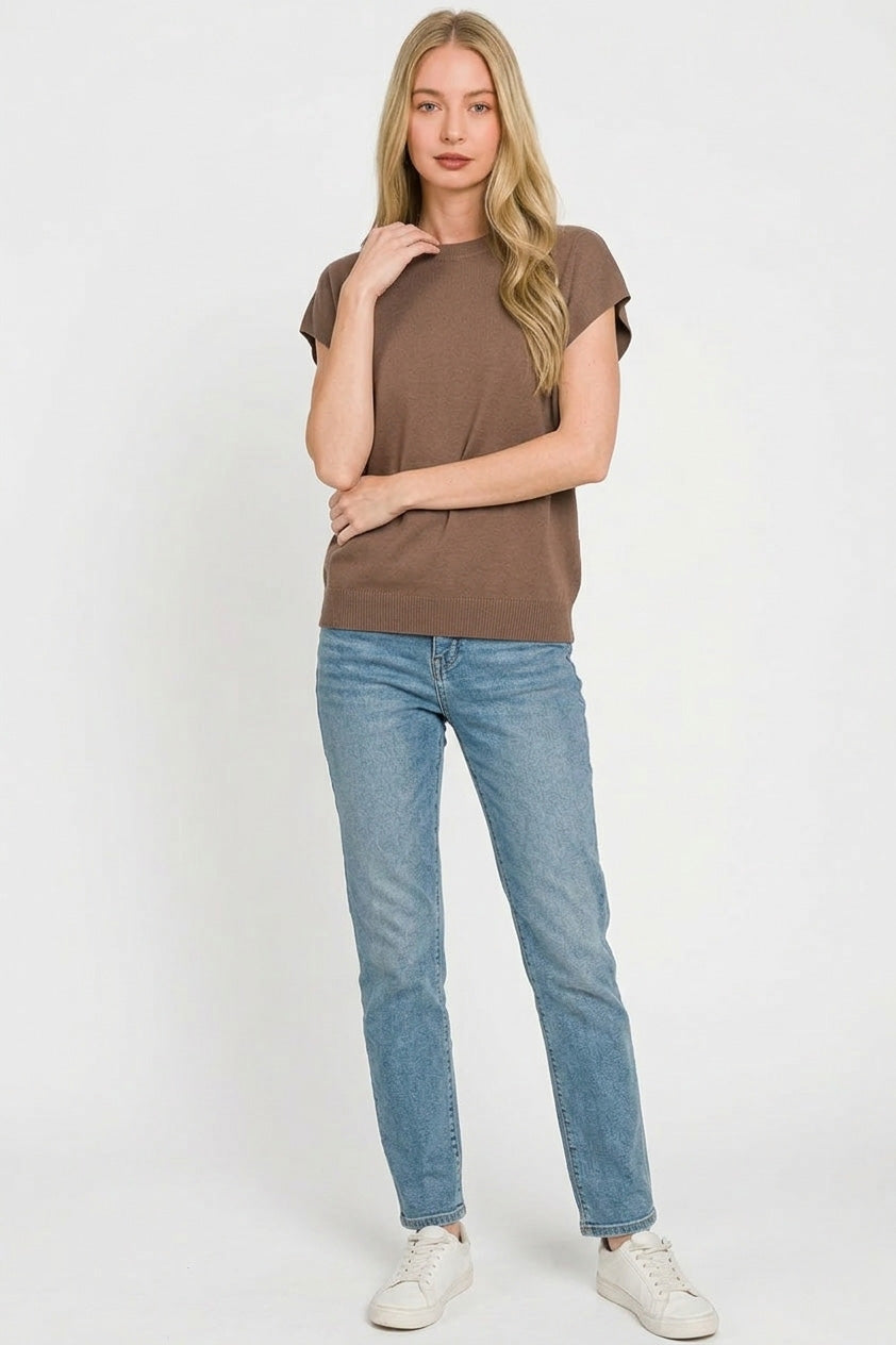 Brown ribbed crew neck sleeveless knit top with straight hem and clean neckline