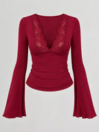 Red lace-trim V-neck long-sleeve tee with scalloped lace neckline, front view