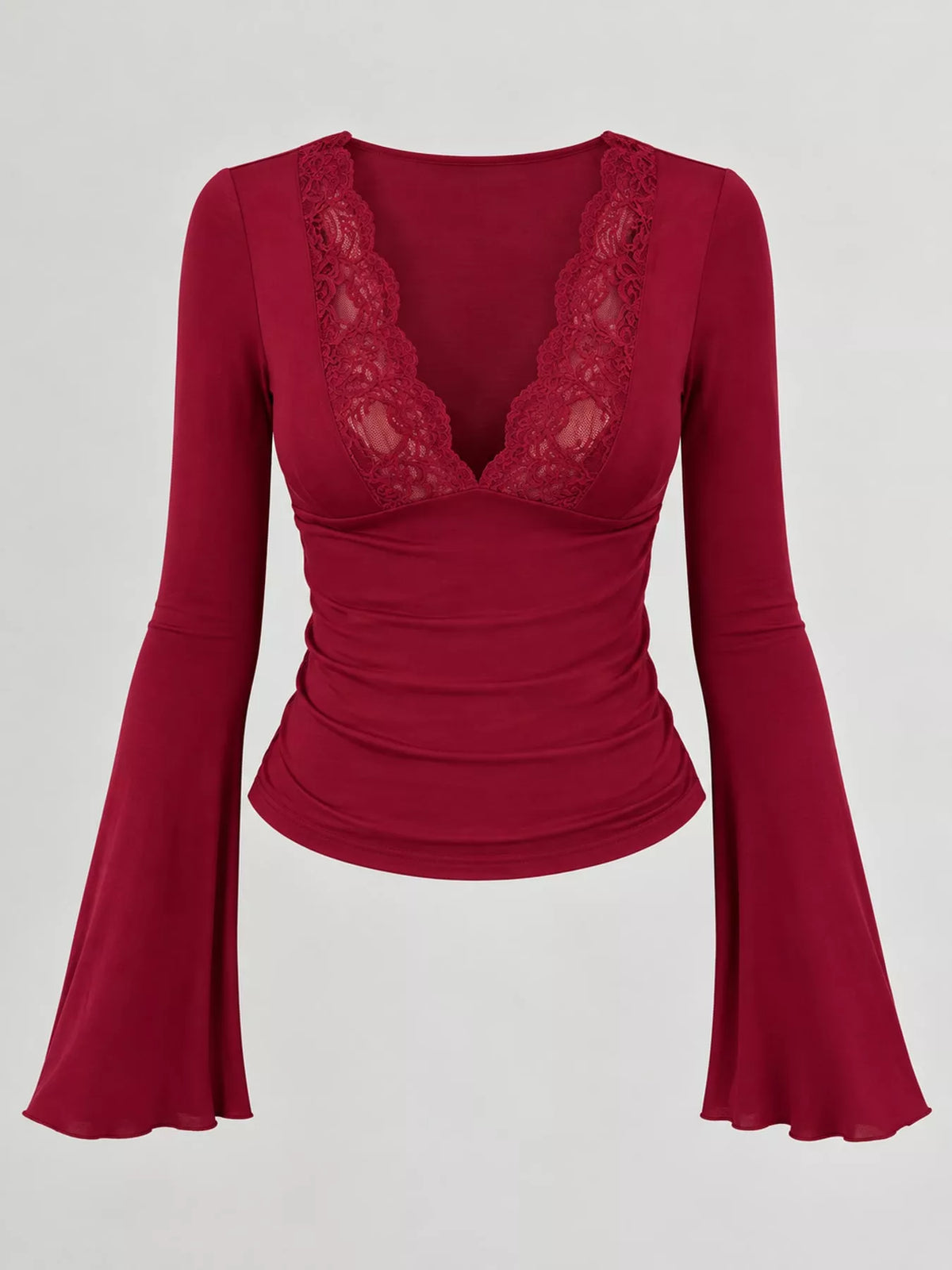Red lace-trim V-neck long-sleeve tee with scalloped lace neckline, front view