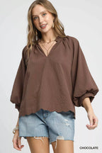 Textured Notched Balloon Sleeve Blouse – Chic & Feminine Top