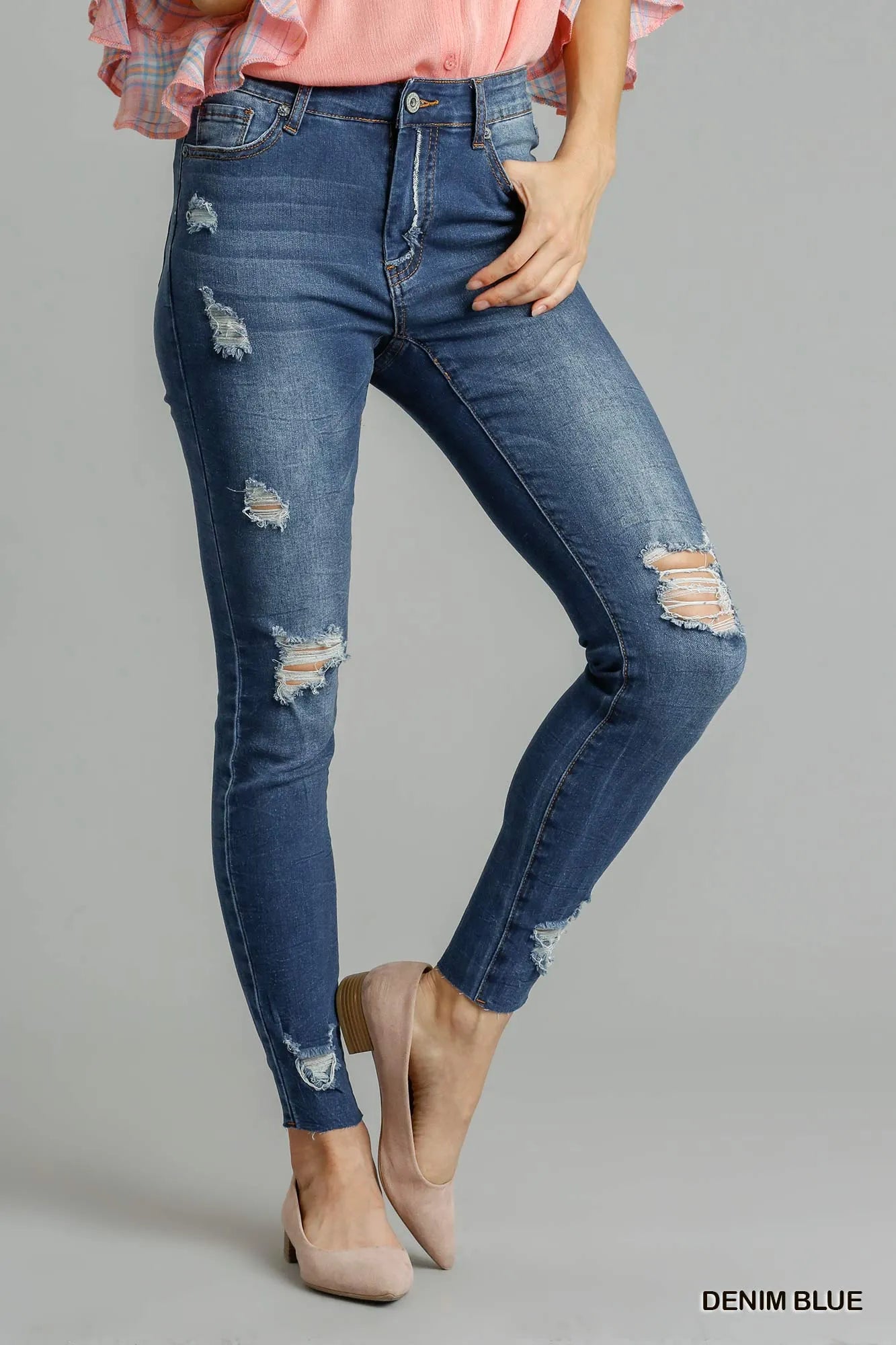 High-Waisted Distressed Skinny Jeans – Medium Blue Stretch Denim