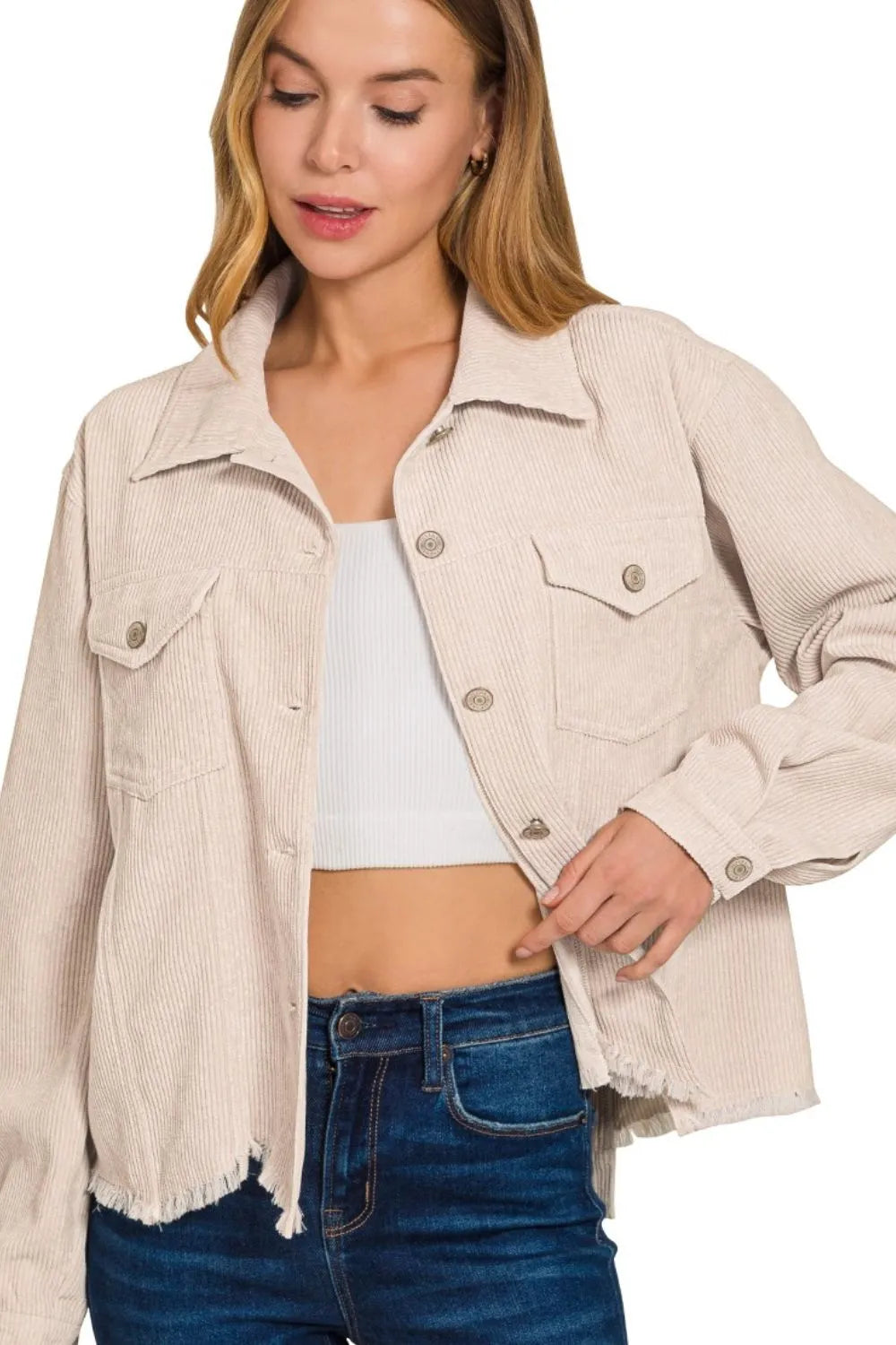 Beige Corduroy Cropped Jacket – Distressed Hem & Chest Pockets