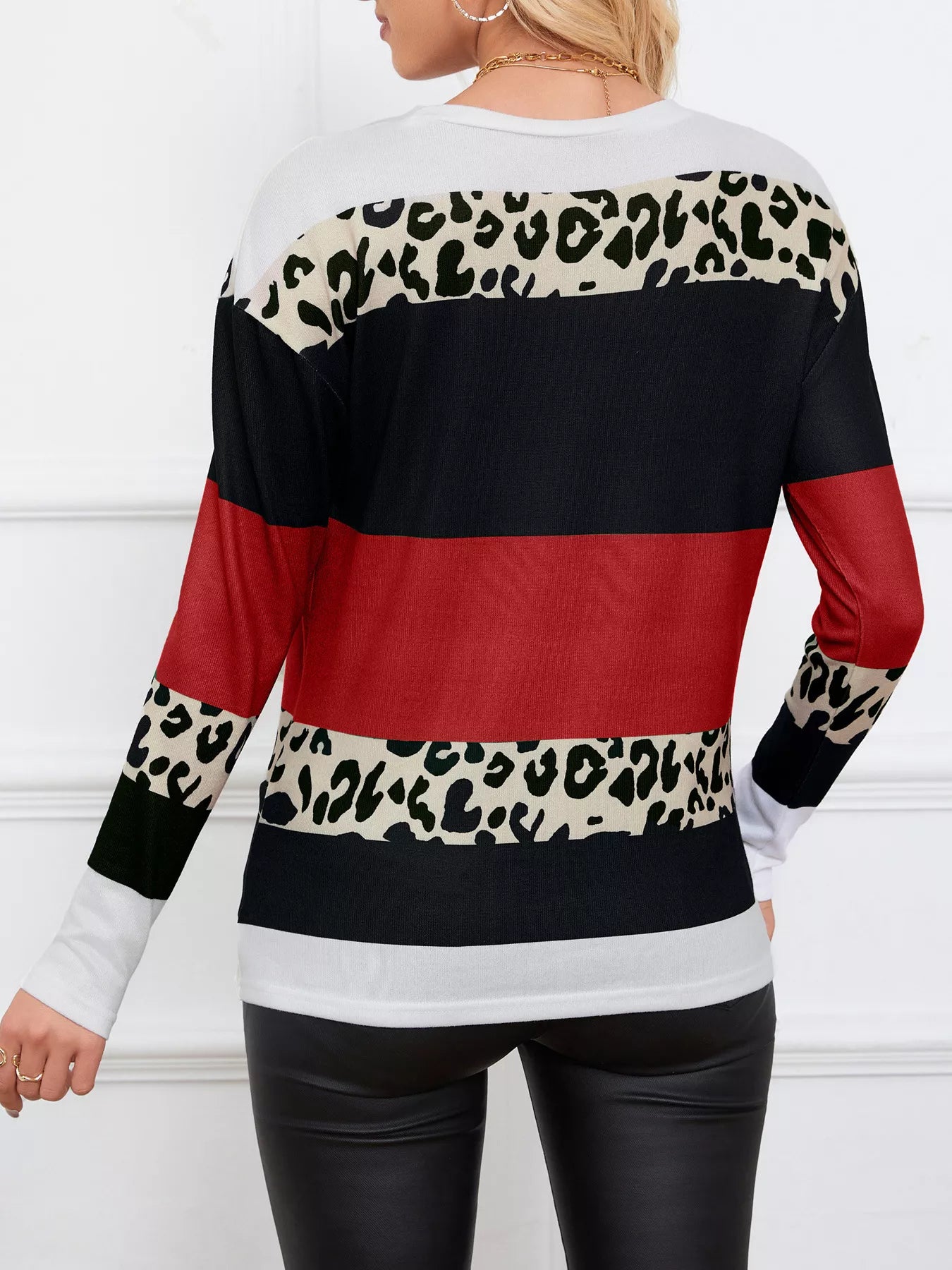 Leopard Color Block Striped Knit Top – Trendy Casual Style