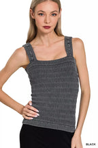 Ribbed square-neck seamless tank top, sleeveless fitted knit in dark tone