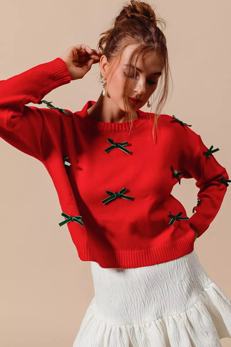 Ribbon Bow Applique Sweater – Feminine Cozy Winter Knitwear