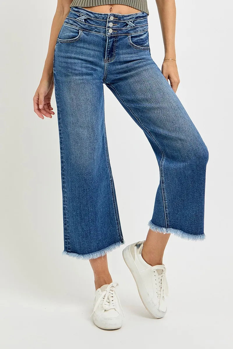 Dreamkue-Risen Women's High Rise Crop Wide Leg Jeans with Wide Waistband Detail Stretch Denim