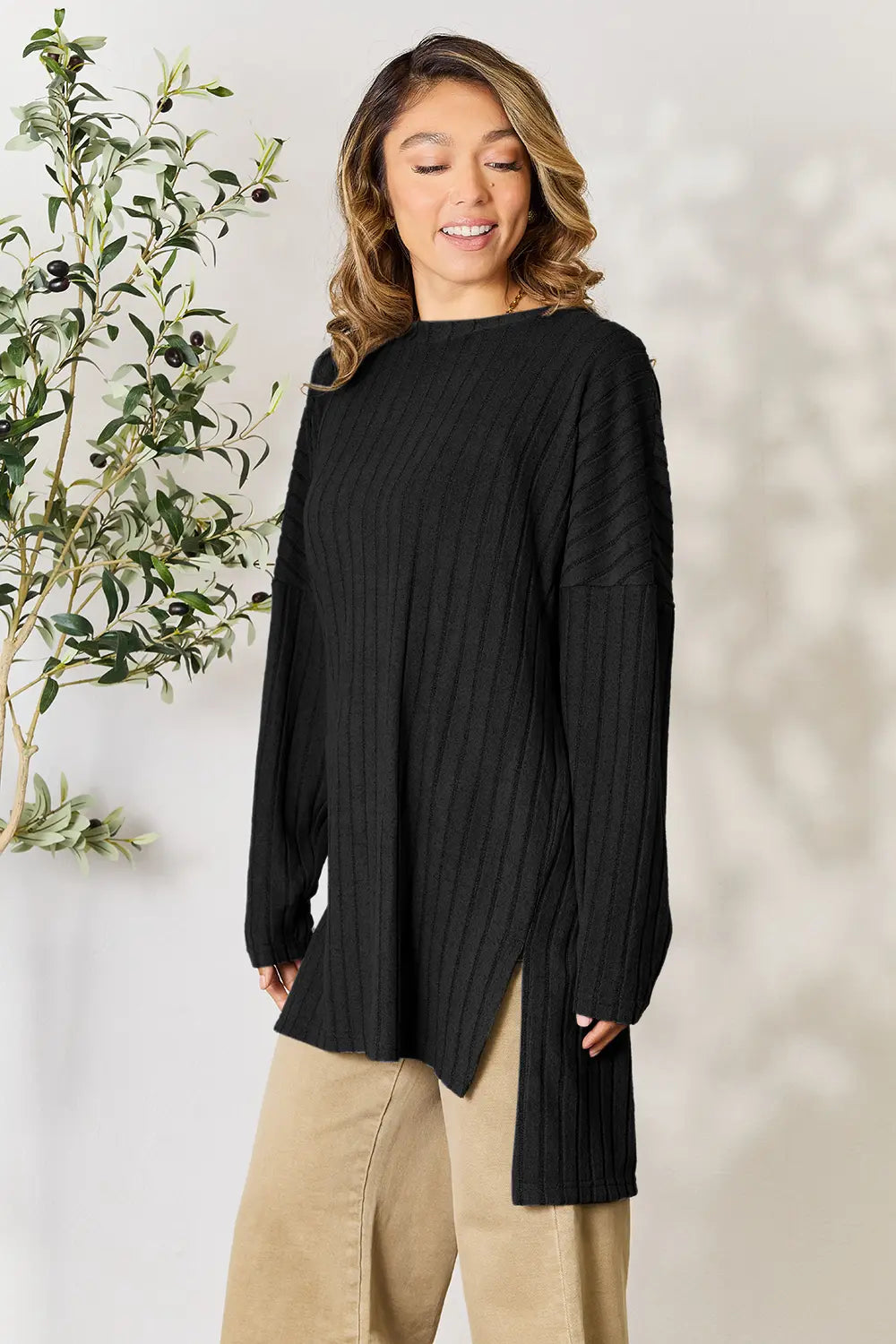 Ribbed Round Neck Slit Top – Chic, Comfy & Flattering