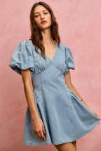 Light wash denim fit-and-flare mini dress with V-neck and short bubble sleeves
