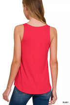Flowy rayon tank top in ruby red, scoop-back style with sleeveless relaxed fit