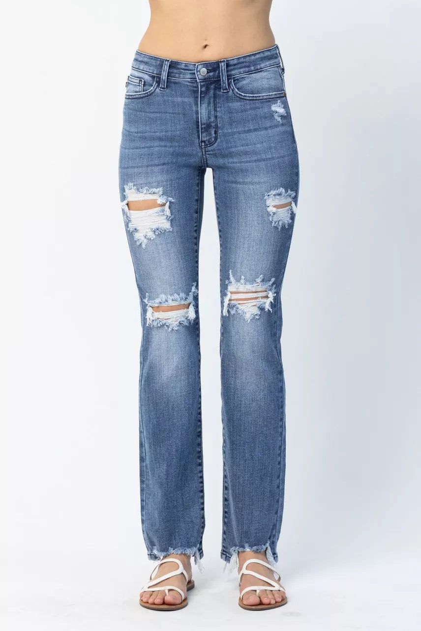 Judy Blue Mid Rise Destroy Straight Jeans – Trendy Distressed Style