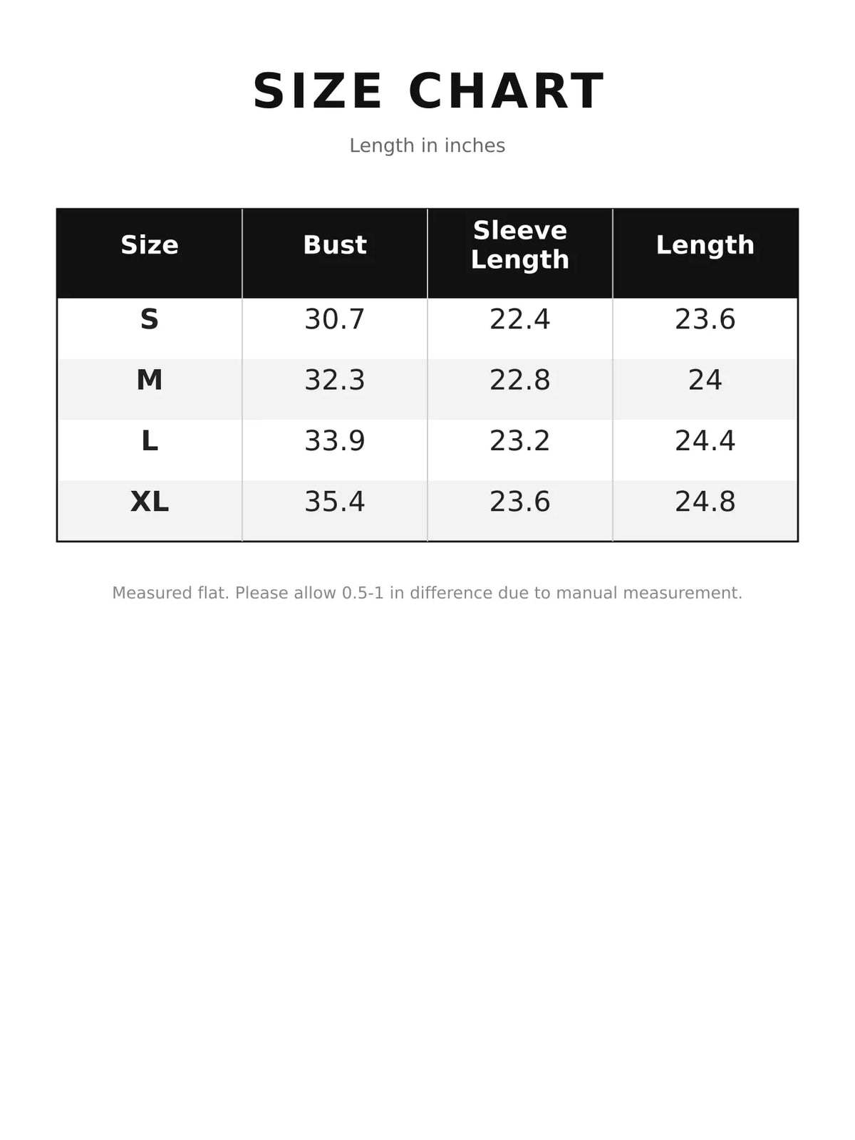 Sweater size chart table with bust, sleeve length, and total length measurements