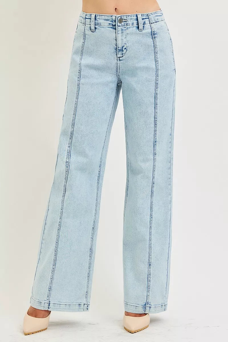 Light wash wide-leg jeans with button fly and long flared hems