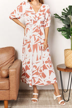 Printed Surplice Midi Dress – Balloon Sleeves & Elegant Flattering Fit