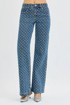 High Rise Wide Leg Bow Embroidered Jeans | Feminine Trendy Denim