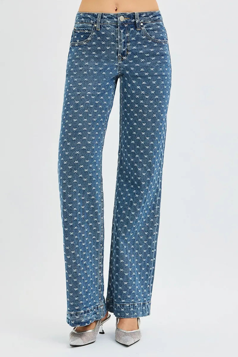 High Rise Wide Leg Bow Embroidered Jeans | Feminine Trendy Denim