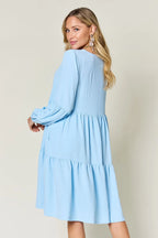 V-Neck Balloon Sleeve Tiered Dress – Flowy, Chic & With Pockets