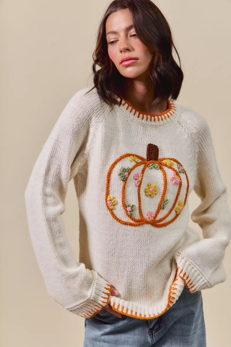 Pumpkin Floral Embroidered Thanksgiving Sweater – Festive Fall Knit