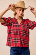 BiBi Christmas Plaid Ruffled Blouse – Festive Short Sleeve Holiday Top