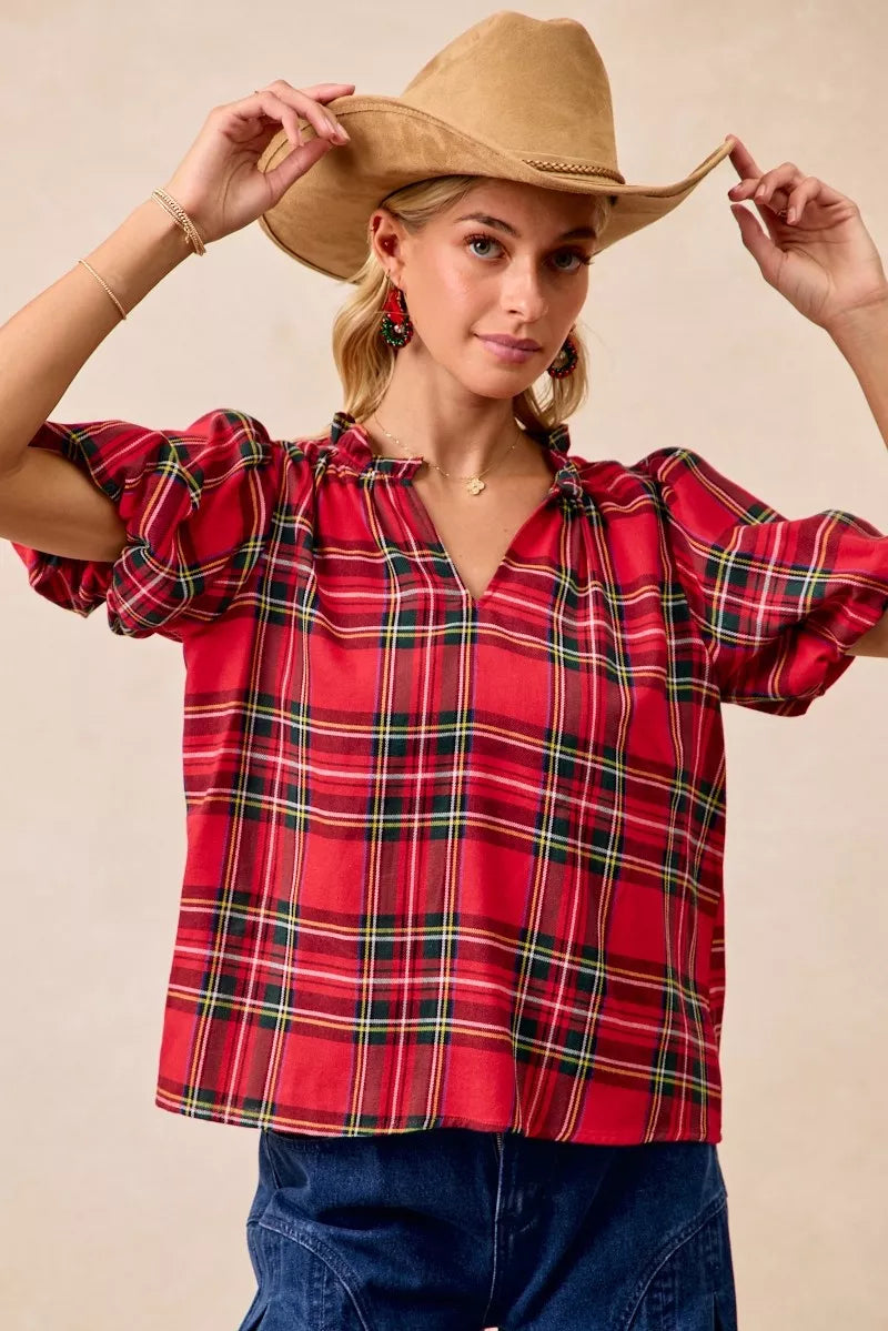 BiBi Christmas Plaid Ruffled Blouse – Festive Short Sleeve Holiday Top