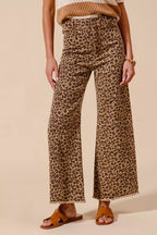 SO ME Leopard Twill Wide Leg Pants – Mid Rise with Frayed Hem Detail