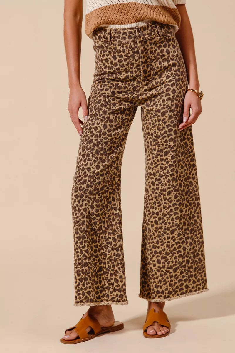 SO ME Leopard Twill Wide Leg Pants – Mid Rise with Frayed Hem Detail