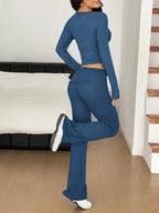 Long Sleeve Crop Top & Bootcut Pants Set – Trendy Two-Piece Outfit