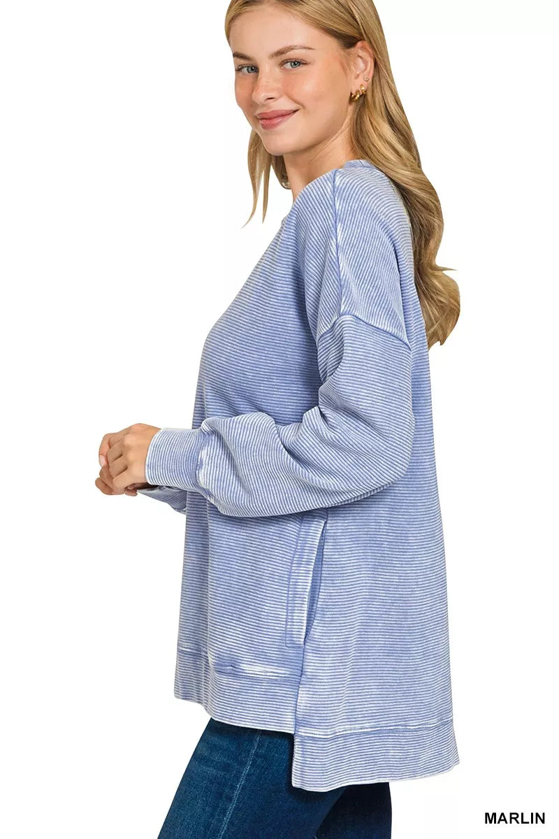 Acid Washed Double Ribbed Hi-Low Pullover – Edgy Casual Style