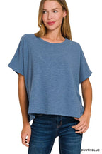 Women's dust blue oversized cotton slub tee, relaxed fit, round neck, short sleeves