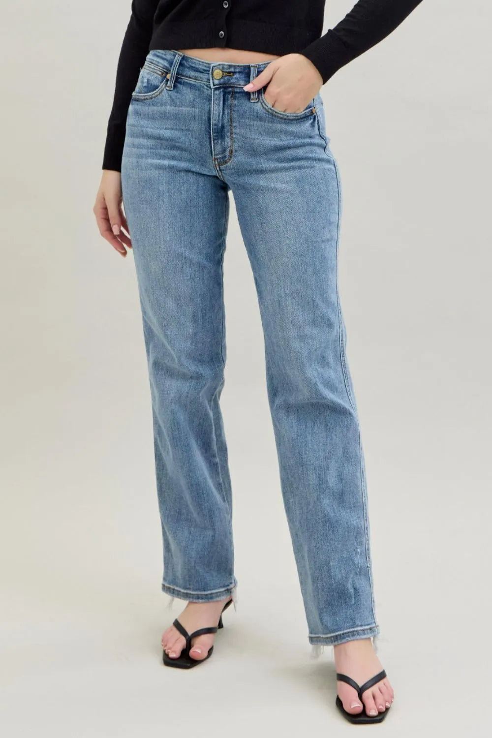 Judy Blue Women's High Waisted Dad Jeans with Frayed Hem & Cell Phone Pocket