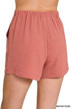 Women’s woven shorts, winter rose, elastic waistband with pleats and relaxed leg