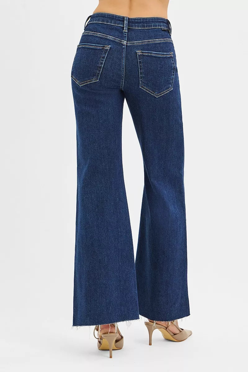 Back view high-rise wide flare jeans, blue denim with back yoke and flap pockets