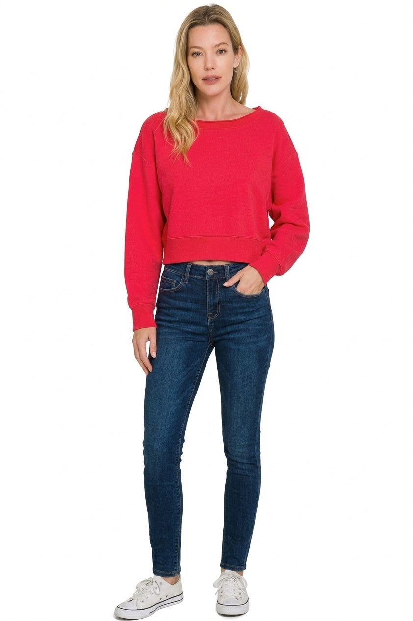 Ruby cropped fleece sweatshirt with boat neckline and ribbed cuffs, front view