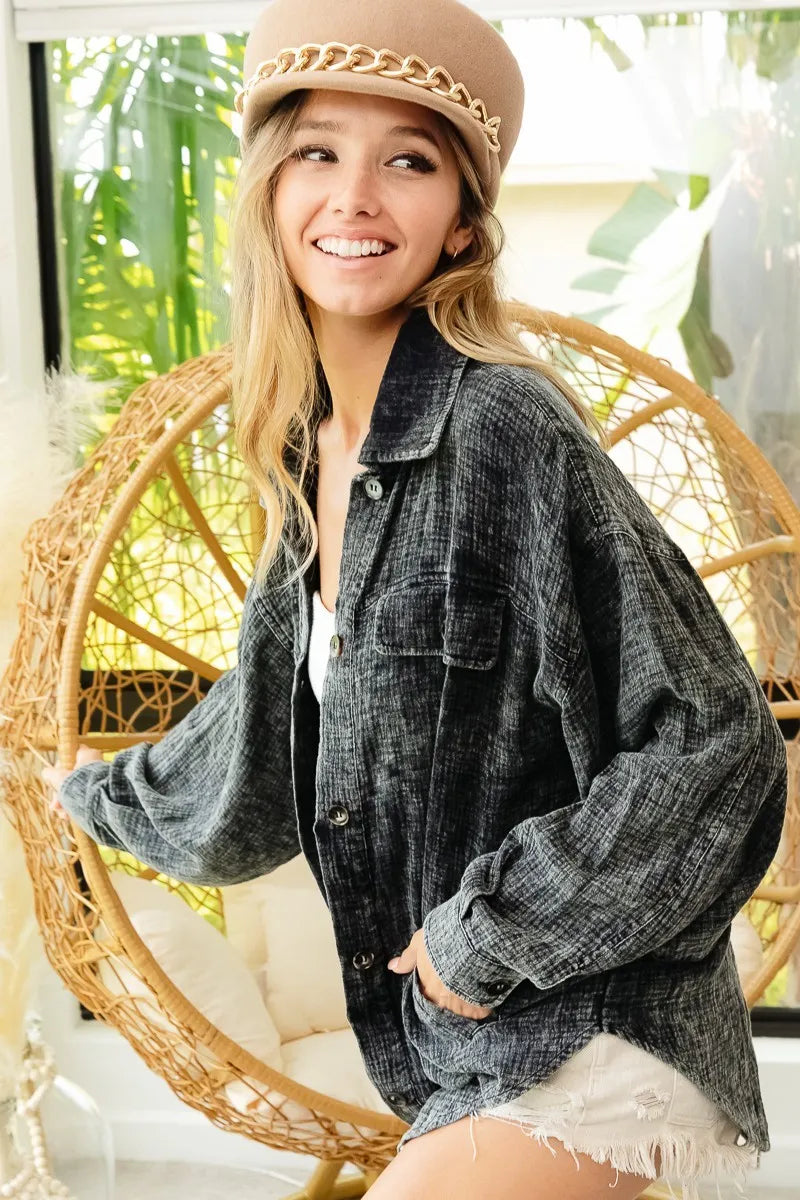 Oversized Distressed Denim Jacket – Vintage Wash & Raw Hem Style