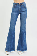 Mid-rise flare jeans for women, blue denim with side seam stitching and frayed hem