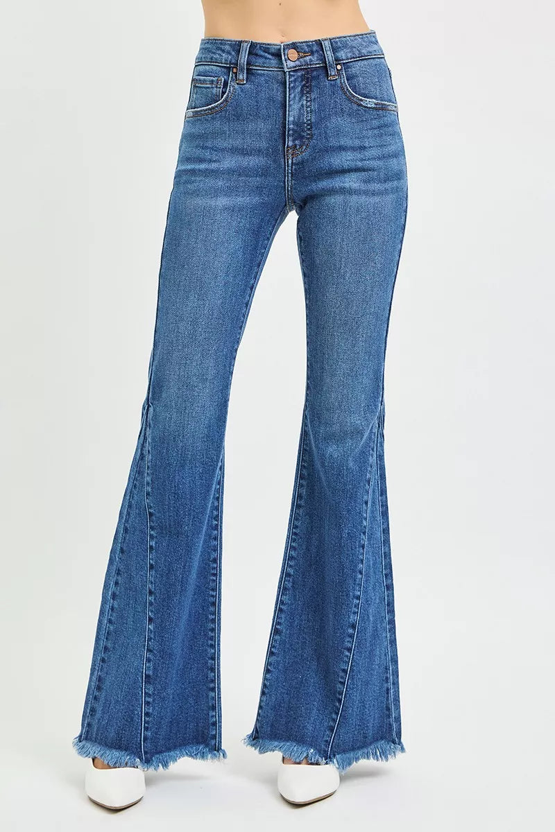 Mid-rise flare jeans for women, blue denim with side seam stitching and frayed hem