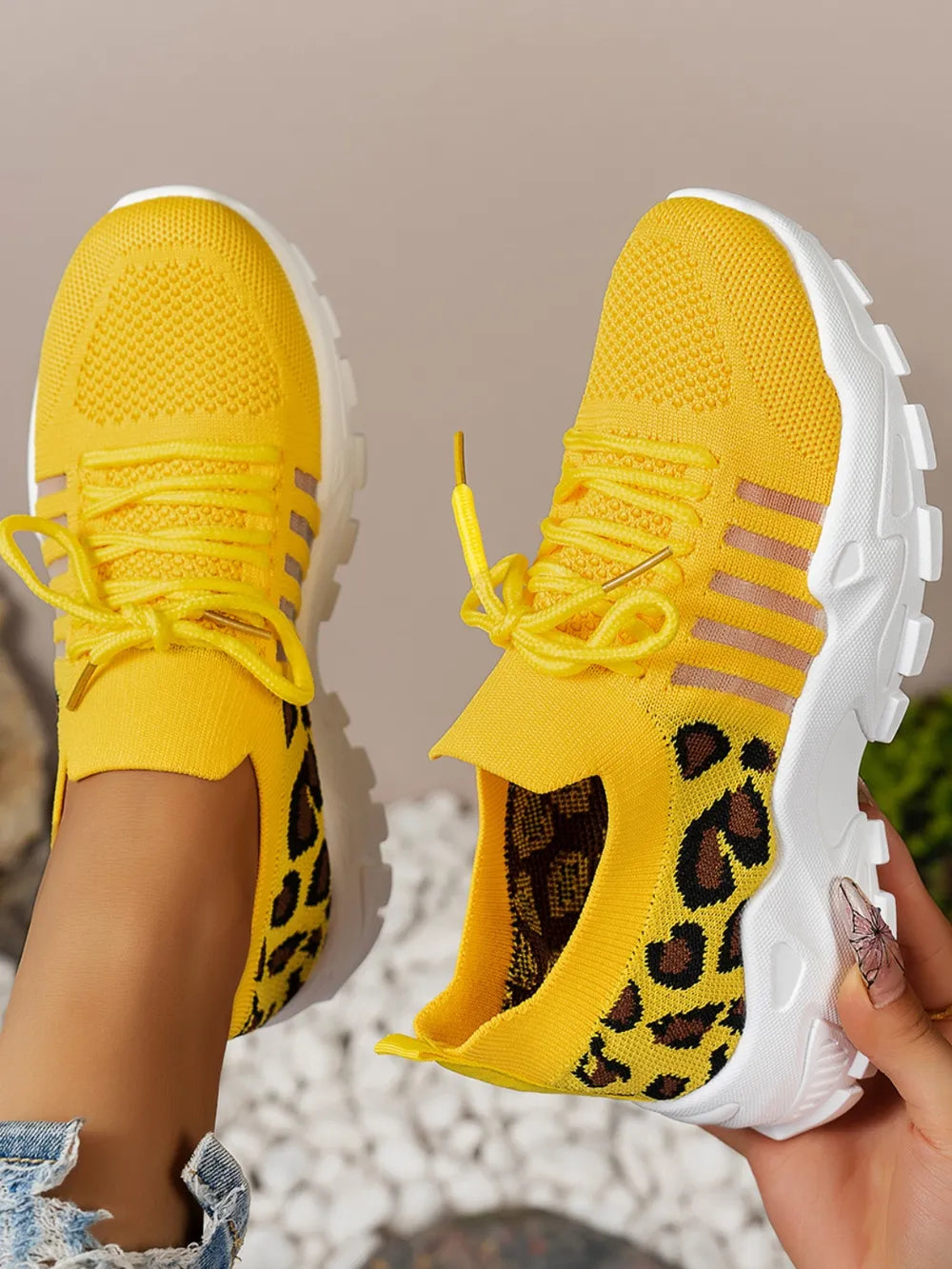 Cutout Leopard Lace-Up Mesh Athletic Sneakers – Sporty & Stylish