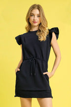 Black Ruffle Sleeve Mini Dress – Drawstring Waist & Pockets
