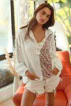 BiBi Slub Jersey with Lace Combo Buttoned Hoodie Top