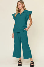 Teal ruffle-sleeve top and wide-leg pants set with matching elastic waist and cuffs