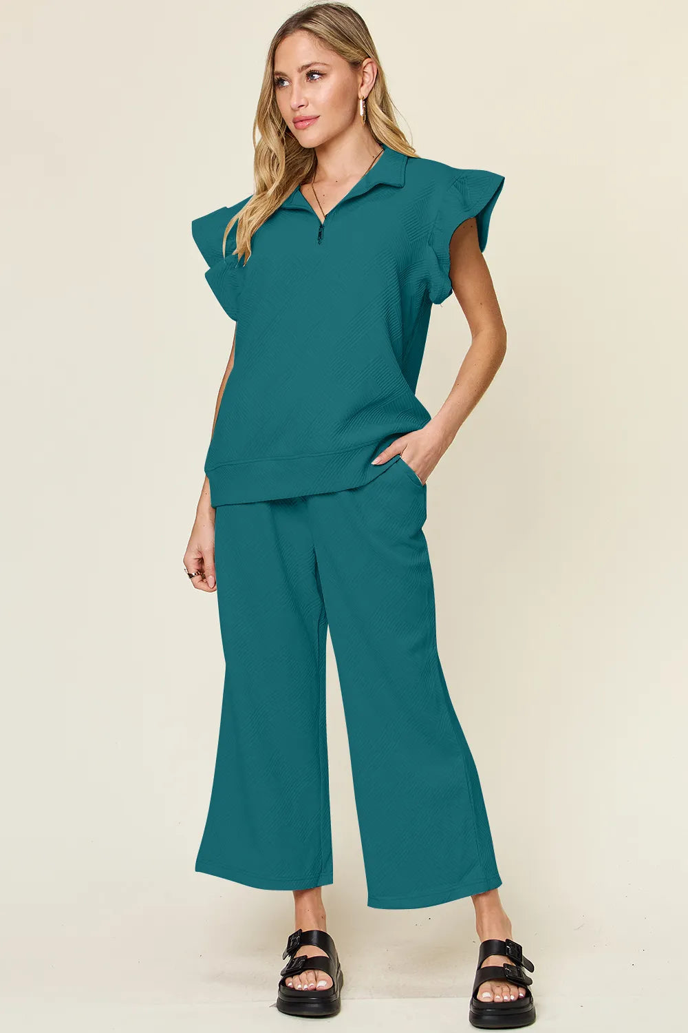 Ruffle Sleeve Top & Wide-Leg Pants Set – Chic, Comfy & Effortless