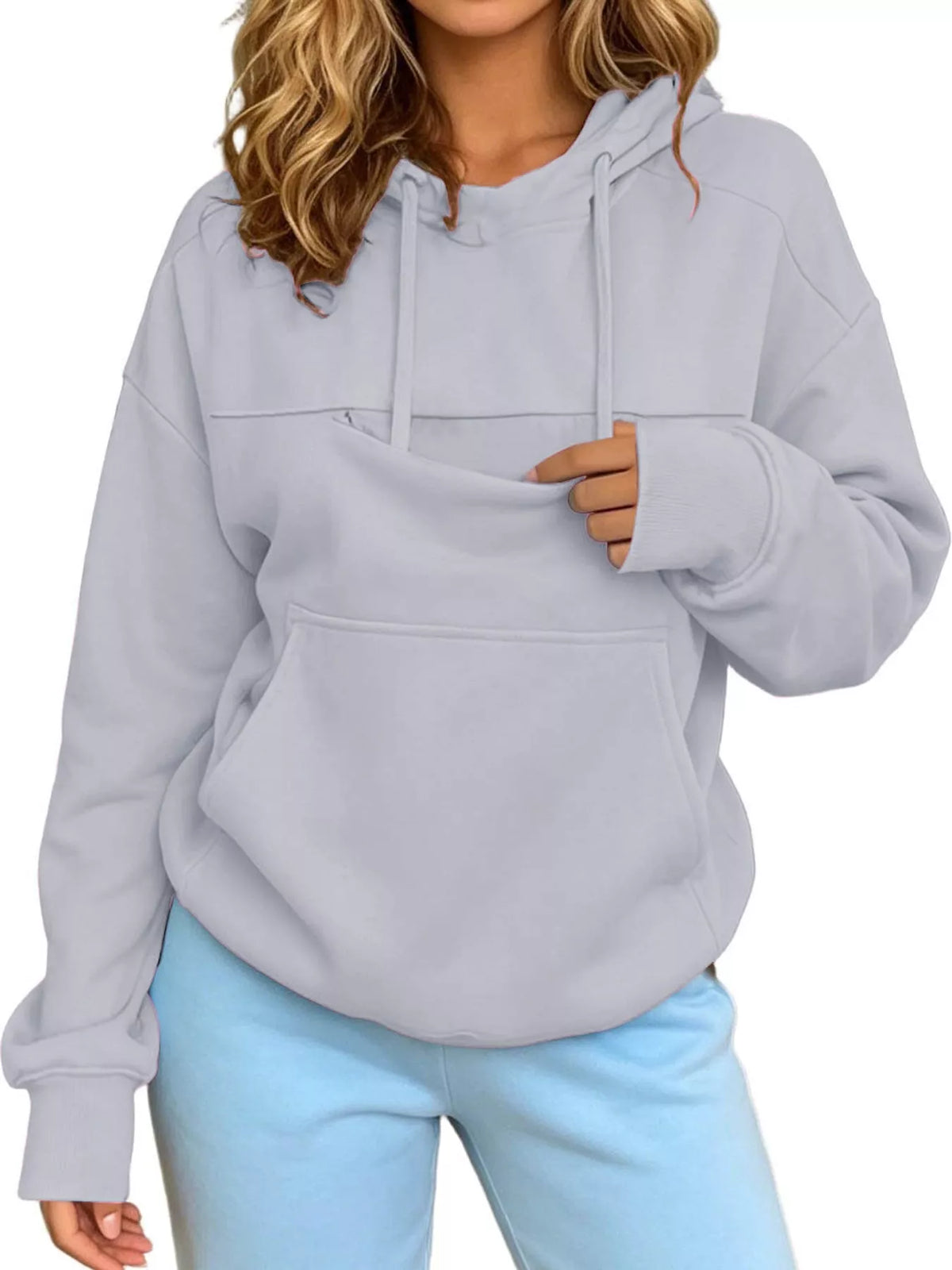 Light blue cat pouch drawstring hoodie with kangaroo pocket and drawstring hood