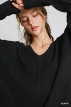 Umgee Wool Blend Pullover Sweater – Cozy V-Neck Loose Fit Knit