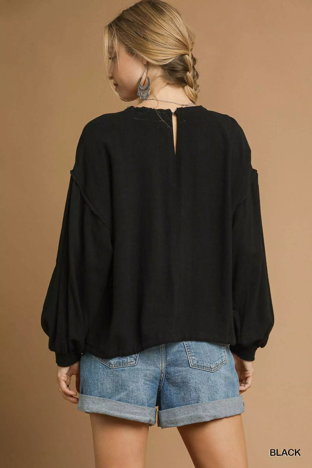 Linen Long Sleeve Top with Drawstring Detail Plus Women’s Versatile Shirt