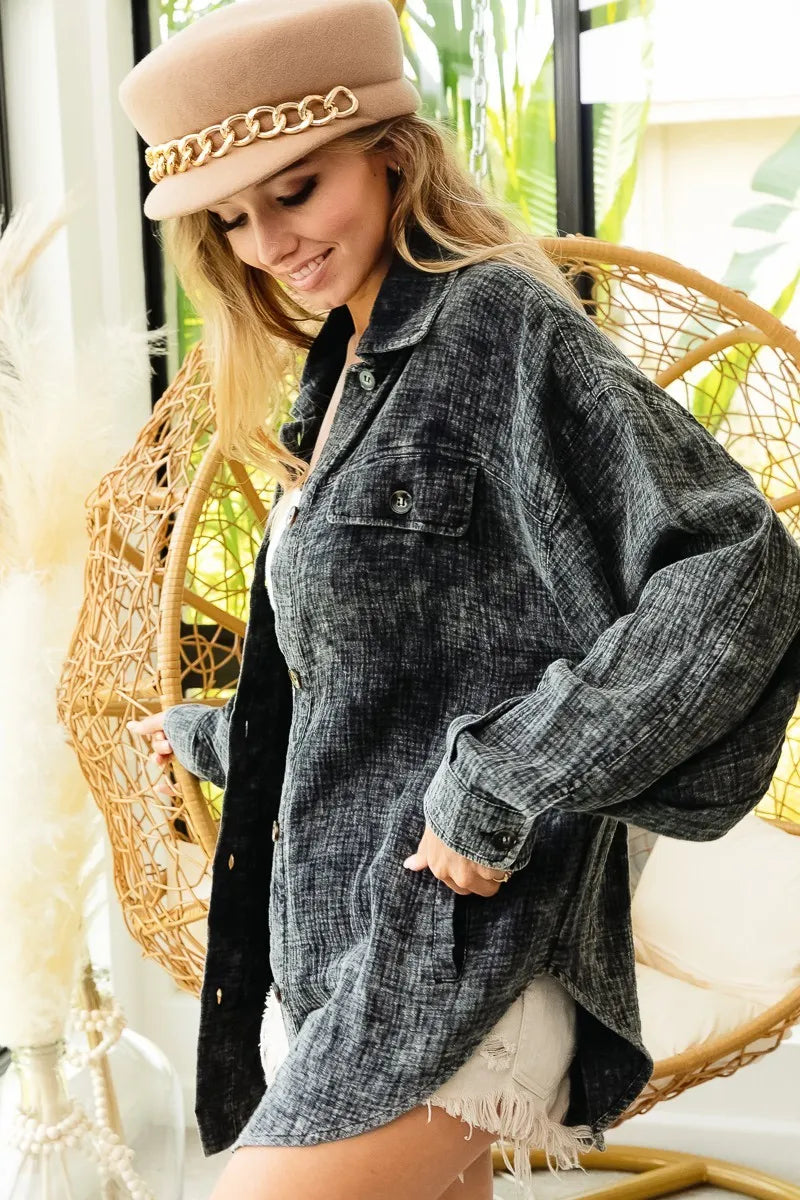 Oversized Distressed Denim Jacket – Vintage Wash & Raw Hem Style