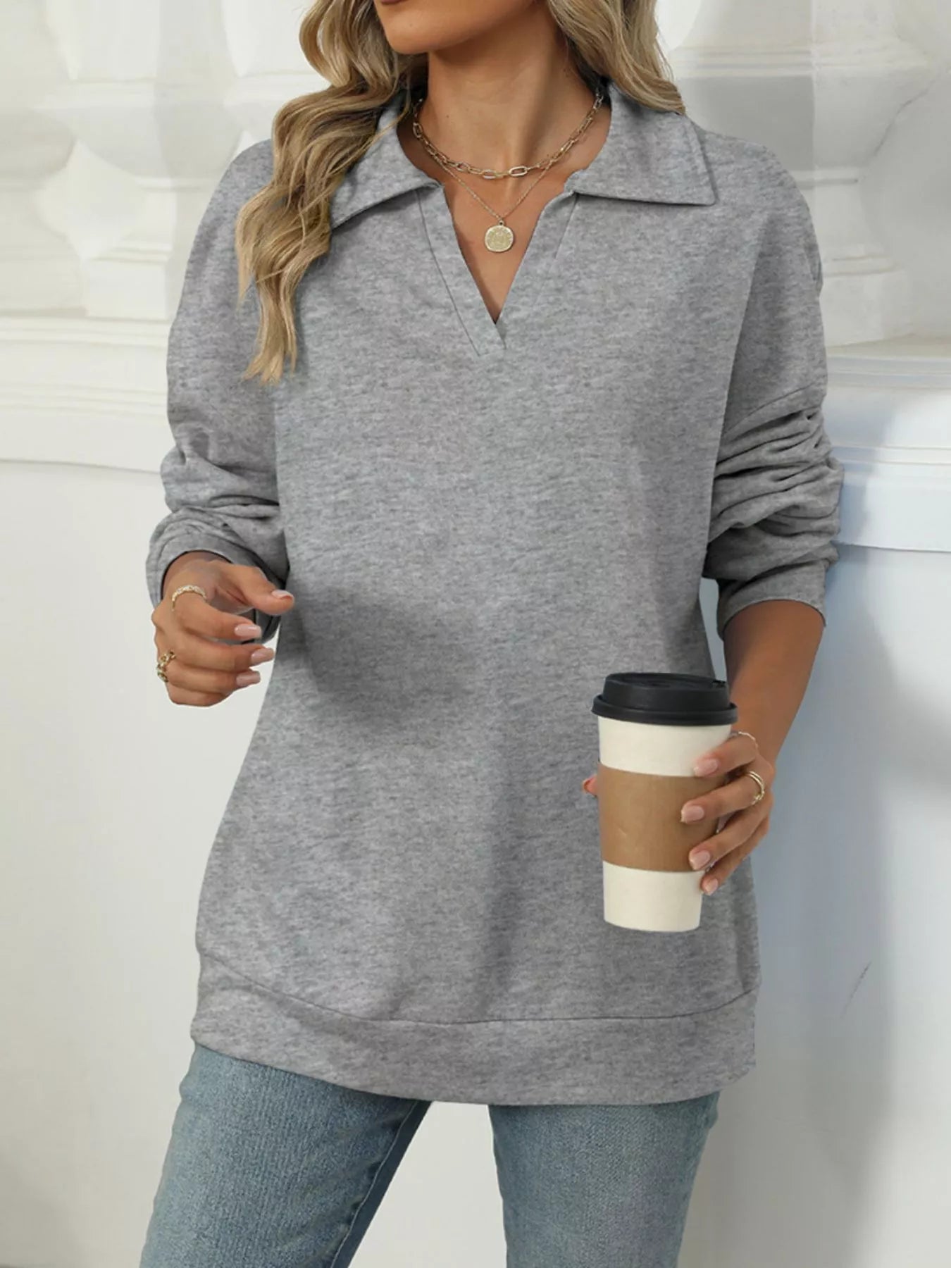 Johnny Collar Long Sleeve Sweatshirt – Casual Chic & Cozy