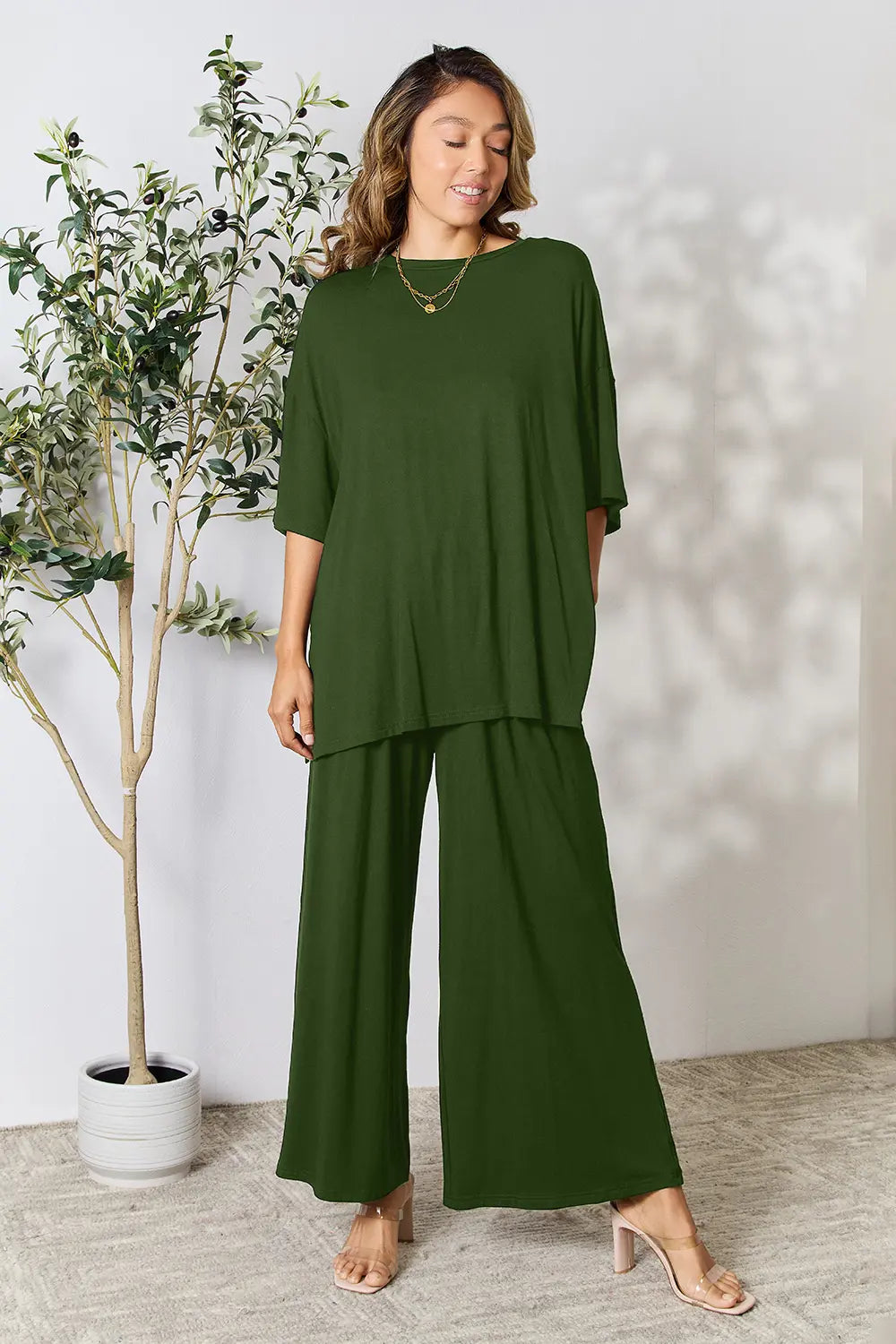 Chic Round Neck Slit Top & Pants Set – Stylish, Comfy & Versatile