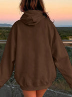 Chocolate brown dropped-shoulder hoodie back view with drawstring hood